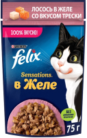 Влажный корм для кошек Felix Sensations с лососем в желе со вкусом тре