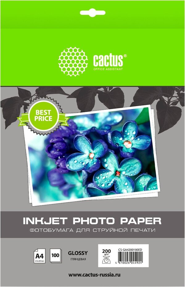 Фотобумага CACTUS Глянцевая A4 200 г/м2 100 листов CS-GA4200100ED