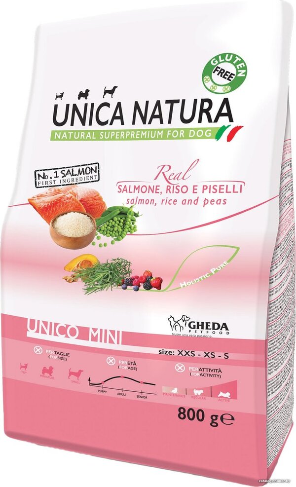 Сухой корм для собак Unica Natura Unico Mini с лососем, рисом и горохо