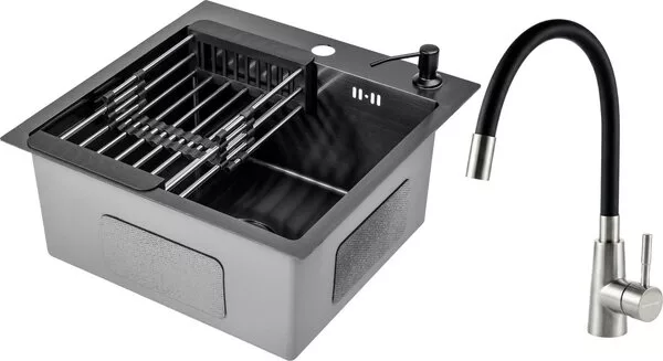 Кухонная мойка Saniteco 4848 Nano + Essence 21EC-B (с сифоном, дозатор