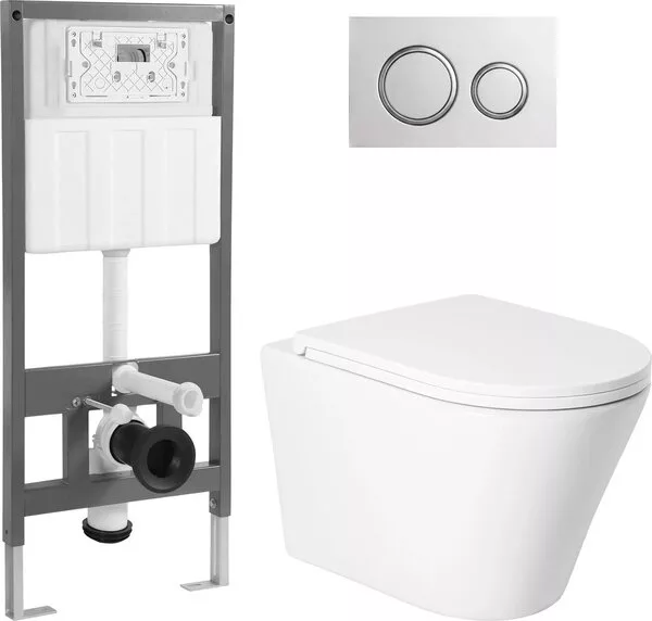 Унитаз подвесной Saniteco KW-9005W + 501 + K01-SG (с кнопкой, серебрис