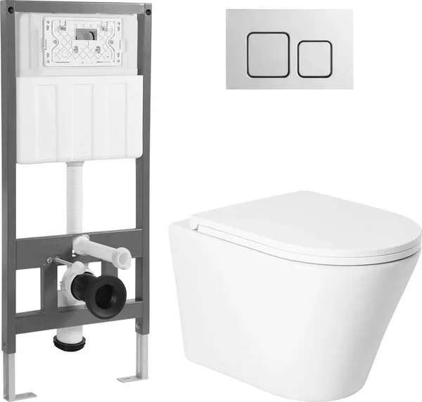 Унитаз подвесной Saniteco KW-9005W + 501 + K02-SSG (с кнопкой, хром гл