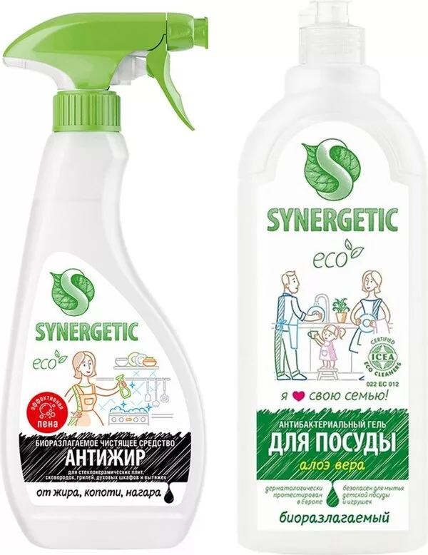 Средство для кухни Synergetic Антижир 0.5 л + Для мытья посуды Алоэ 1 