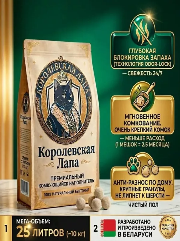 Наполнитель для туалета Королевская лапа комкующийся бентонит 25л
